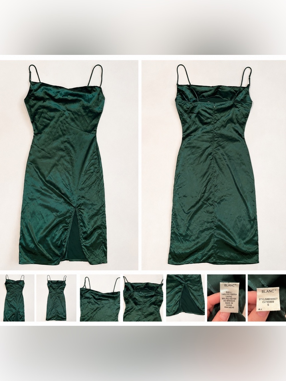 Blanc Emerald Green Satin Slip Dress Ruched Midi Bodycon Size S